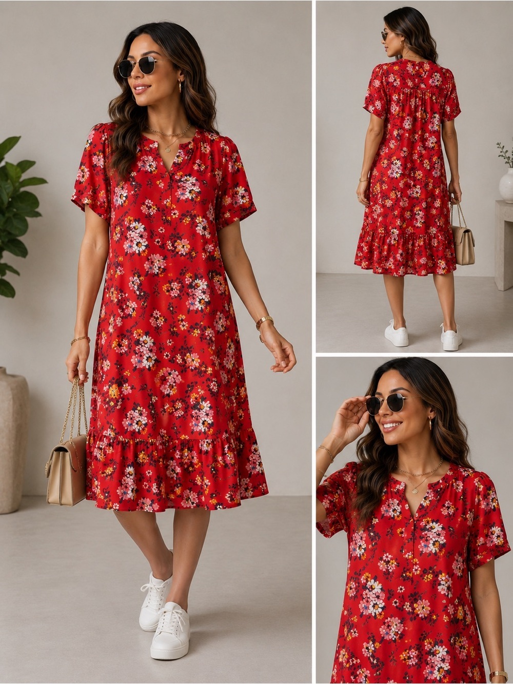LOFT Vibrant Red Floral Midi Dress